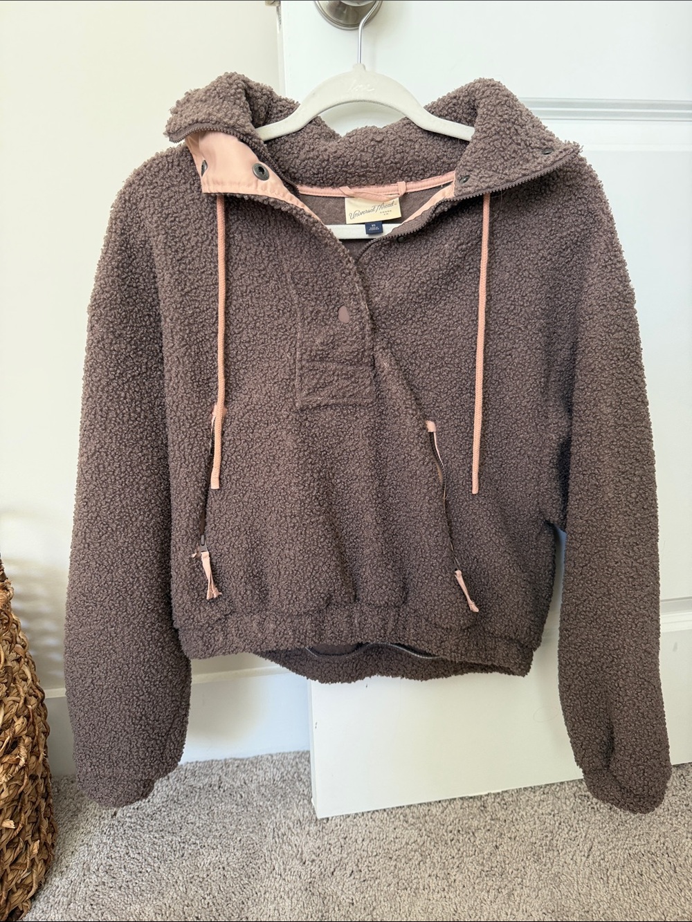 Sherpa Pullover Hoodie - Taupe with Nude Pink Trim